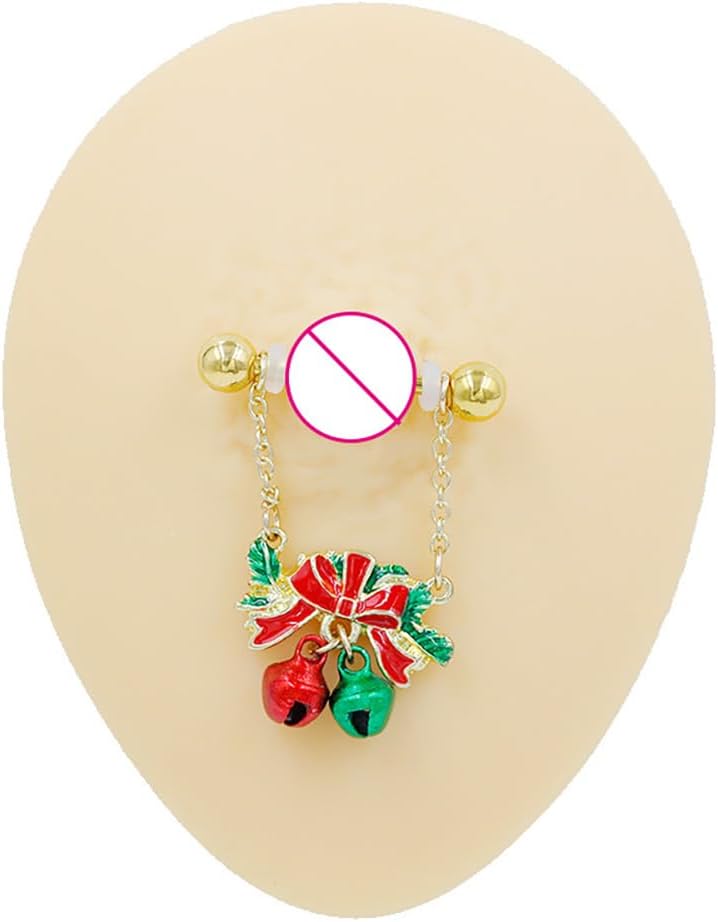 Kokoma 14G Christmas Jingle Bell Nipple Rings for Women Red and Green Bells with Red Bow Dangle Charm Nipplerings Nipple Piercing Shield Festive Party Body Piercing Jewelry - QIAO CrystalQIAO CrystalQIAO Crystal