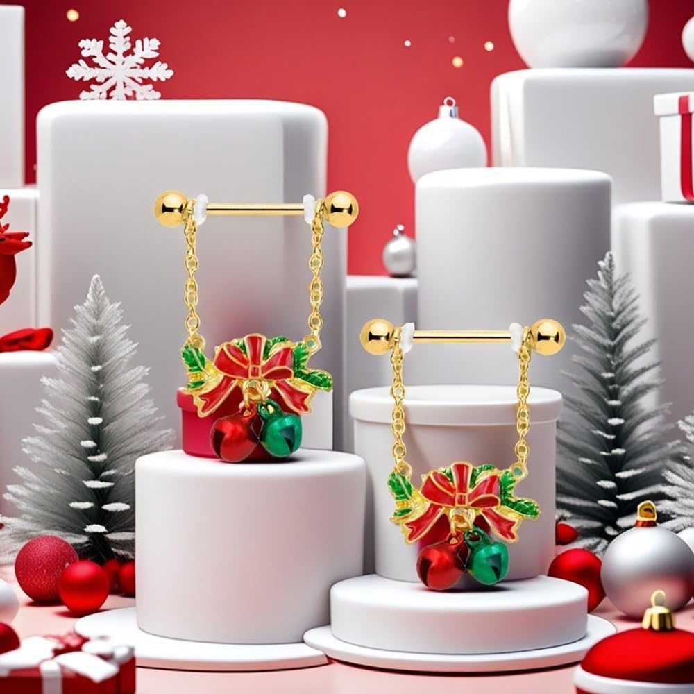 Kokoma 14G Christmas Jingle Bell Nipple Rings for Women Red and Green Bells with Red Bow Dangle Charm Nipplerings Nipple Piercing Shield Festive Party Body Piercing Jewelry - QIAO CrystalQIAO CrystalQIAO Crystal