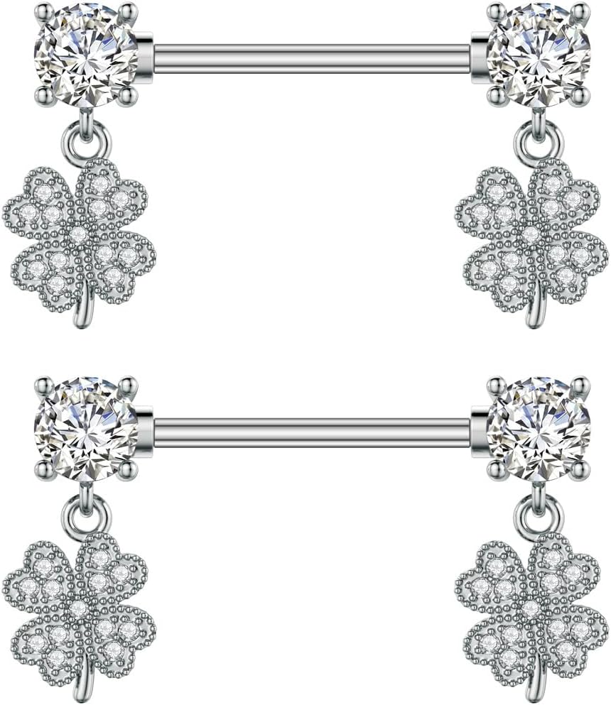 Kokoma 14G Four Leaf Clover Nipple Rings for Women Cubic Zirconia Green Leaf Lucky Clover Nipple Straight Barbells Shamrock Nipplerings Tongue Rings Body Piercing Jewelry - QIAO CrystalQIAO CrystalQIAO Crystal