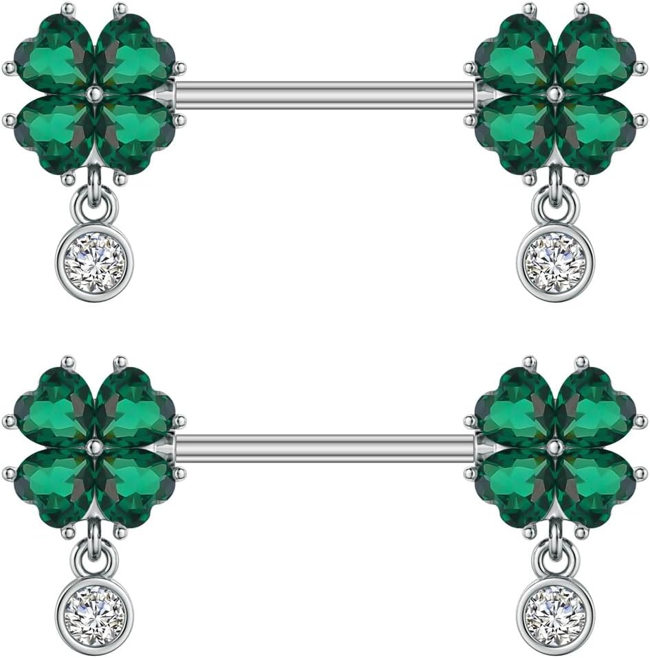 Kokoma 14G Four Leaf Clover Nipple Rings for Women Cubic Zirconia Green Leaf Lucky Clover Nipple Straight Barbells Shamrock Nipplerings Tongue Rings Body Piercing Jewelry - QIAO CrystalQIAO CrystalQIAO Crystal