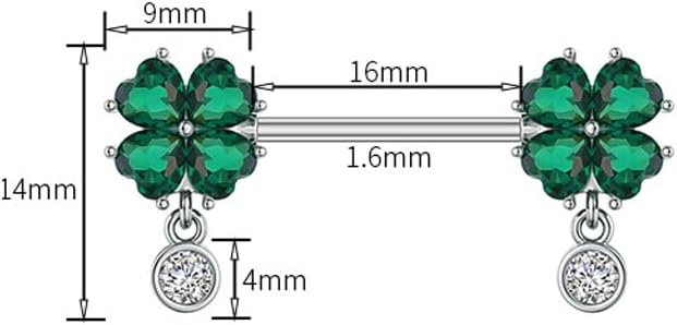 Kokoma 14G Four Leaf Clover Nipple Rings for Women Cubic Zirconia Green Leaf Lucky Clover Nipple Straight Barbells Shamrock Nipplerings Tongue Rings Body Piercing Jewelry - QIAO CrystalQIAO CrystalQIAO Crystal