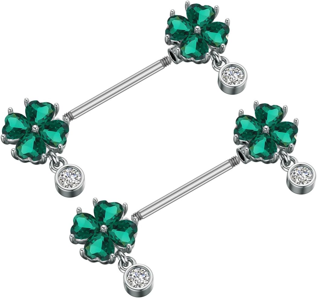Kokoma 14G Four Leaf Clover Nipple Rings for Women Cubic Zirconia Green Leaf Lucky Clover Nipple Straight Barbells Shamrock Nipplerings Tongue Rings Body Piercing Jewelry - QIAO CrystalQIAO CrystalQIAO Crystal