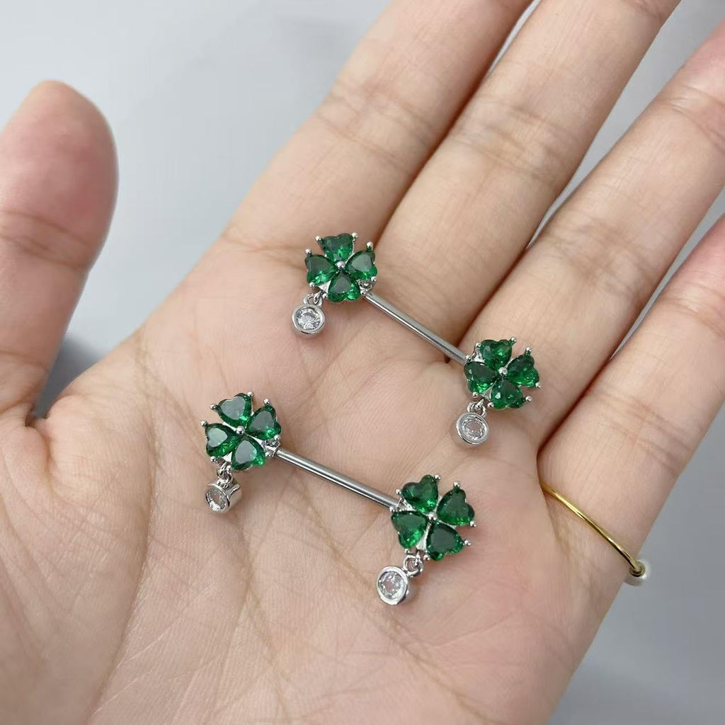 Kokoma 14G Four Leaf Clover Nipple Rings for Women Cubic Zirconia Green Leaf Lucky Clover Nipple Straight Barbells Shamrock Nipplerings Tongue Rings Body Piercing Jewelry - QIAO CrystalQIAO CrystalQIAO Crystal