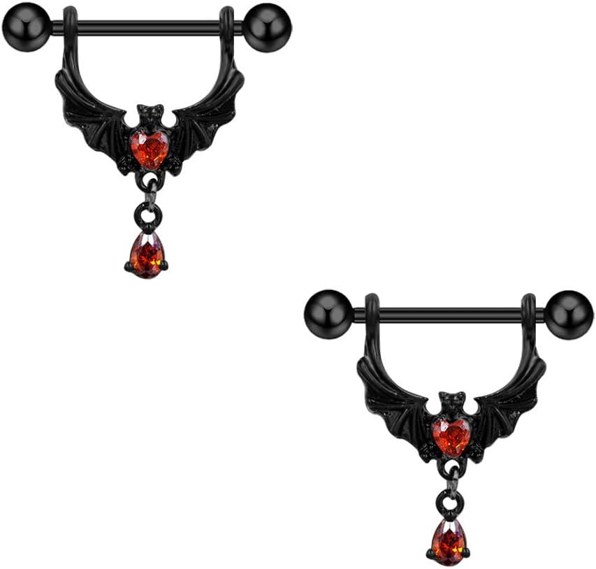 Kokoma 14G Gothic Bat Nipple Rings with Red Crystal Heart for Women CZ Dangling Charm Nipplerings Barbell Nipple Piercings Body Piercing Jewelry for Halloween Costume Party - QIAO CrystalQIAO CrystalQIAO Crystal