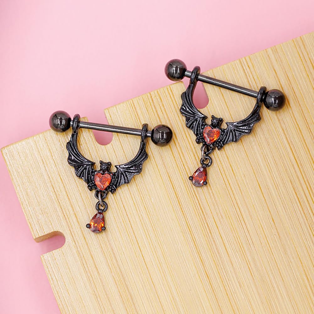 Kokoma 14G Gothic Bat Nipple Rings with Red Crystal Heart for Women CZ Dangling Charm Nipplerings Barbell Nipple Piercings Body Piercing Jewelry for Halloween Costume Party - QIAO CrystalQIAO CrystalQIAO Crystal
