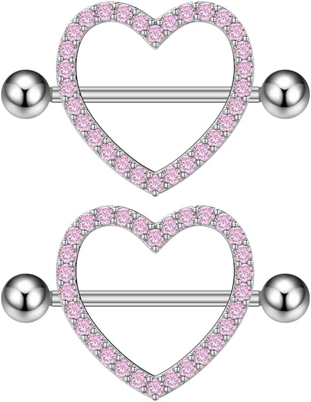 Kokoma 14G Rhinestone Heart Nipple Rings for Women Shiny Cubic Zirconia Hollow Love Heart Nipplerings Barbell Nipple Piercing Nipple Shield Rings Body Piercing Jewelry - QIAO CrystalQIAO CrystalQIAO Crystal