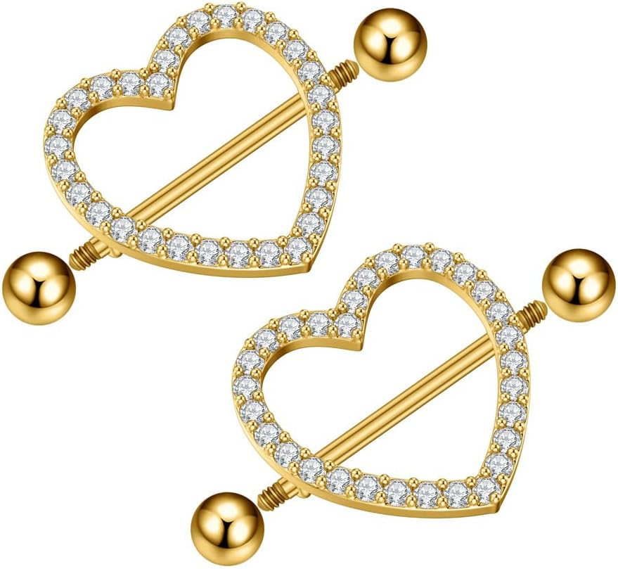 Kokoma 14G Rhinestone Heart Nipple Rings for Women Shiny Cubic Zirconia Hollow Love Heart Nipplerings Barbell Nipple Piercing Nipple Shield Rings Body Piercing Jewelry - QIAO CrystalQIAO CrystalQIAO Crystal