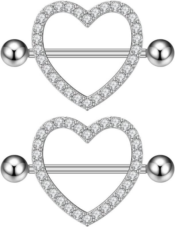 Kokoma 14G Rhinestone Heart Nipple Rings for Women Shiny Cubic Zirconia Hollow Love Heart Nipplerings Barbell Nipple Piercing Nipple Shield Rings Body Piercing Jewelry - QIAO CrystalQIAO CrystalQIAO Crystal