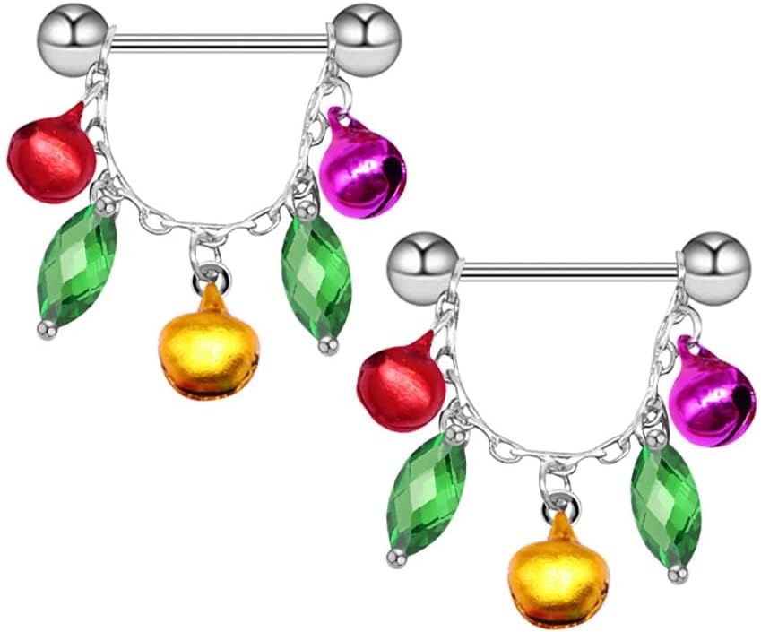 Kokoma Tassel Jingle Bell Nipple Rings for Women 14G Christmas Red Green Bells Nipple Piercing Nipple Shield CZ Crystal Nipplerings Barbell Xmas Party Body Piercing Jewelry - QIAO CrystalQIAO CrystalQIAO Crystal