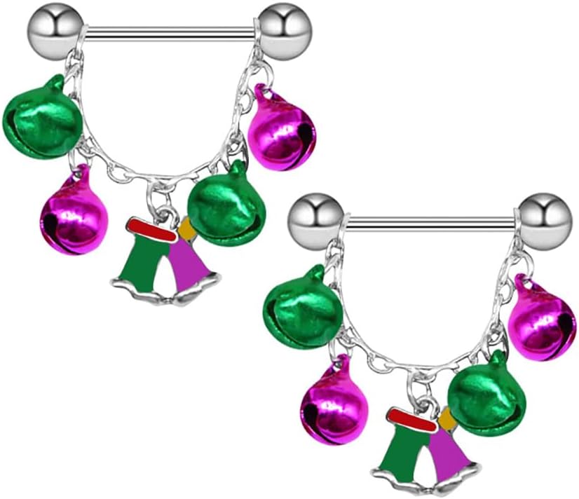 Kokoma Tassel Jingle Bell Nipple Rings for Women 14G Christmas Red Green Bells Nipple Piercing Nipple Shield CZ Crystal Nipplerings Barbell Xmas Party Body Piercing Jewelry - QIAO CrystalQIAO CrystalQIAO Crystal