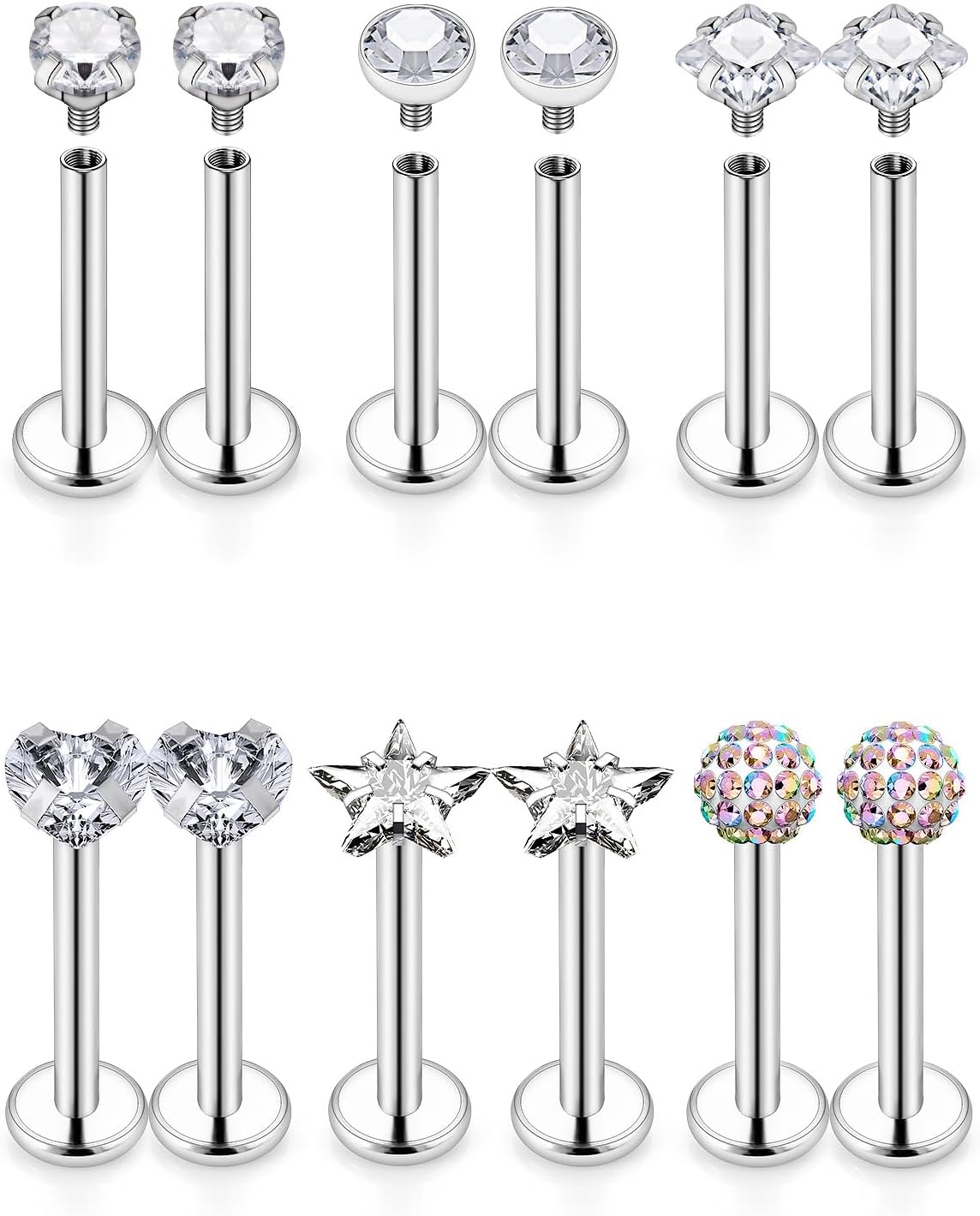 Kridzisw 16G Lip Labret Medusa Rings Studs Internally Threaded 316L Surgical Steel Snake Bite Lip Rings Flat Back Catilage Tragus Helix Daith Earrings Piercings Jewelry for Women Men 8mm - QIAO CrystalQIAO CrystalQIAO Crystal