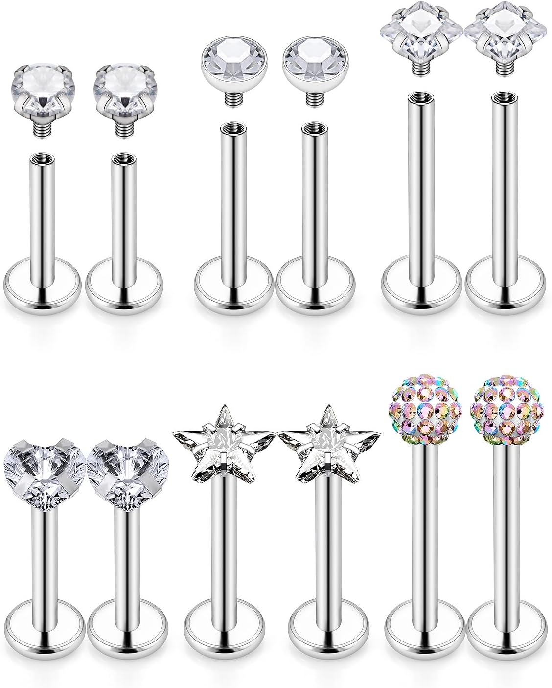 Kridzisw 16G Lip Labret Medusa Rings Studs Internally Threaded 316L Surgical Steel Snake Bite Lip Rings Flat Back Catilage Tragus Helix Daith Earrings Piercings Jewelry for Women Men 8mm - QIAO CrystalQIAO CrystalQIAO Crystal
