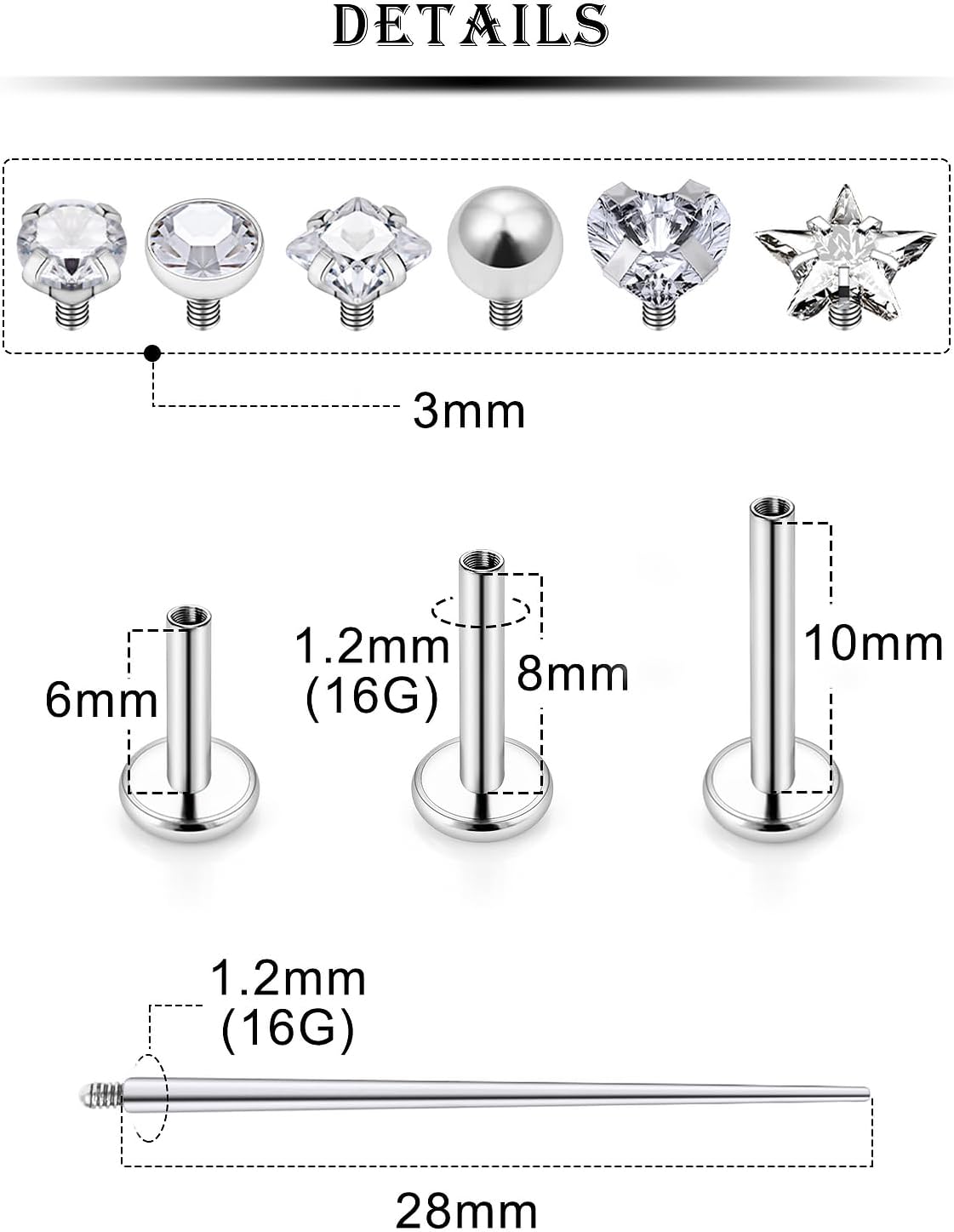 Kridzisw 16G Lip Labret Medusa Rings Studs Internally Threaded 316L Surgical Steel Snake Bite Lip Rings Flat Back Catilage Tragus Helix Daith Earrings Piercings Jewelry for Women Men 8mm - QIAO CrystalQIAO CrystalQIAO Crystal