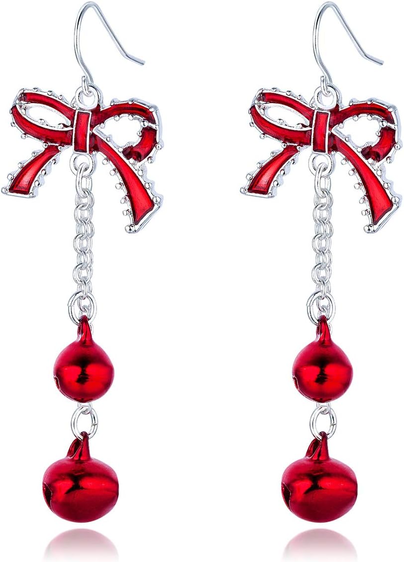 Lightweight Christmas Red Bow Knot Piercing Dangle Earrings Jingle Tassels Silver Plated Women Holiday Gift - 我的商店我的商店我的商店