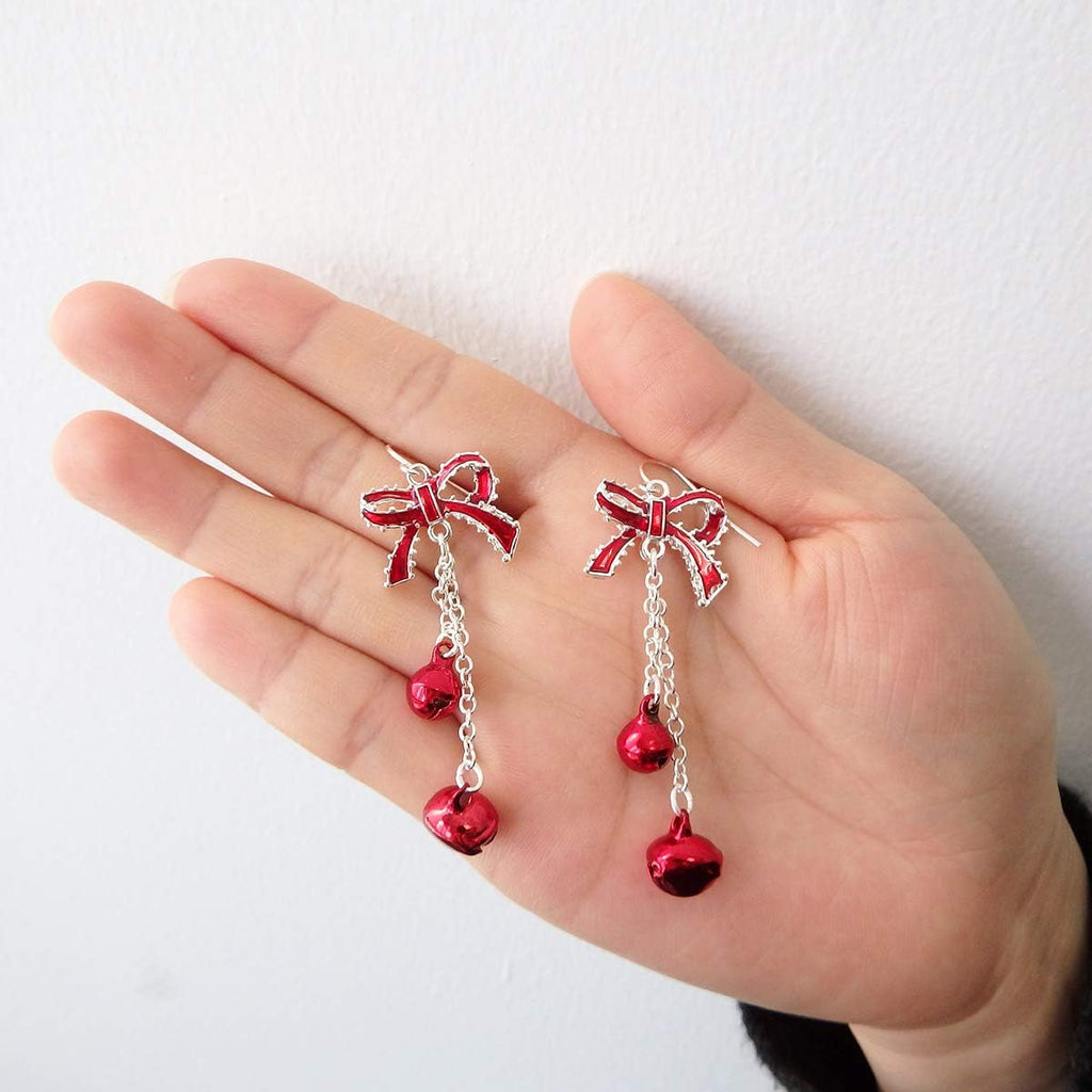 Lightweight Christmas Red Bow Knot Piercing Dangle Earrings Jingle Tassels Silver Plated Women Holiday Gift - 我的商店我的商店我的商店