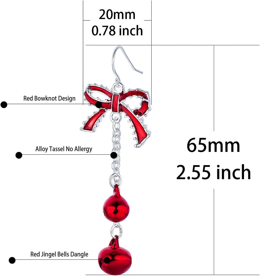 Lightweight Christmas Red Bow Knot Piercing Dangle Earrings Jingle Tassels Silver Plated Women Holiday Gift - 我的商店我的商店我的商店