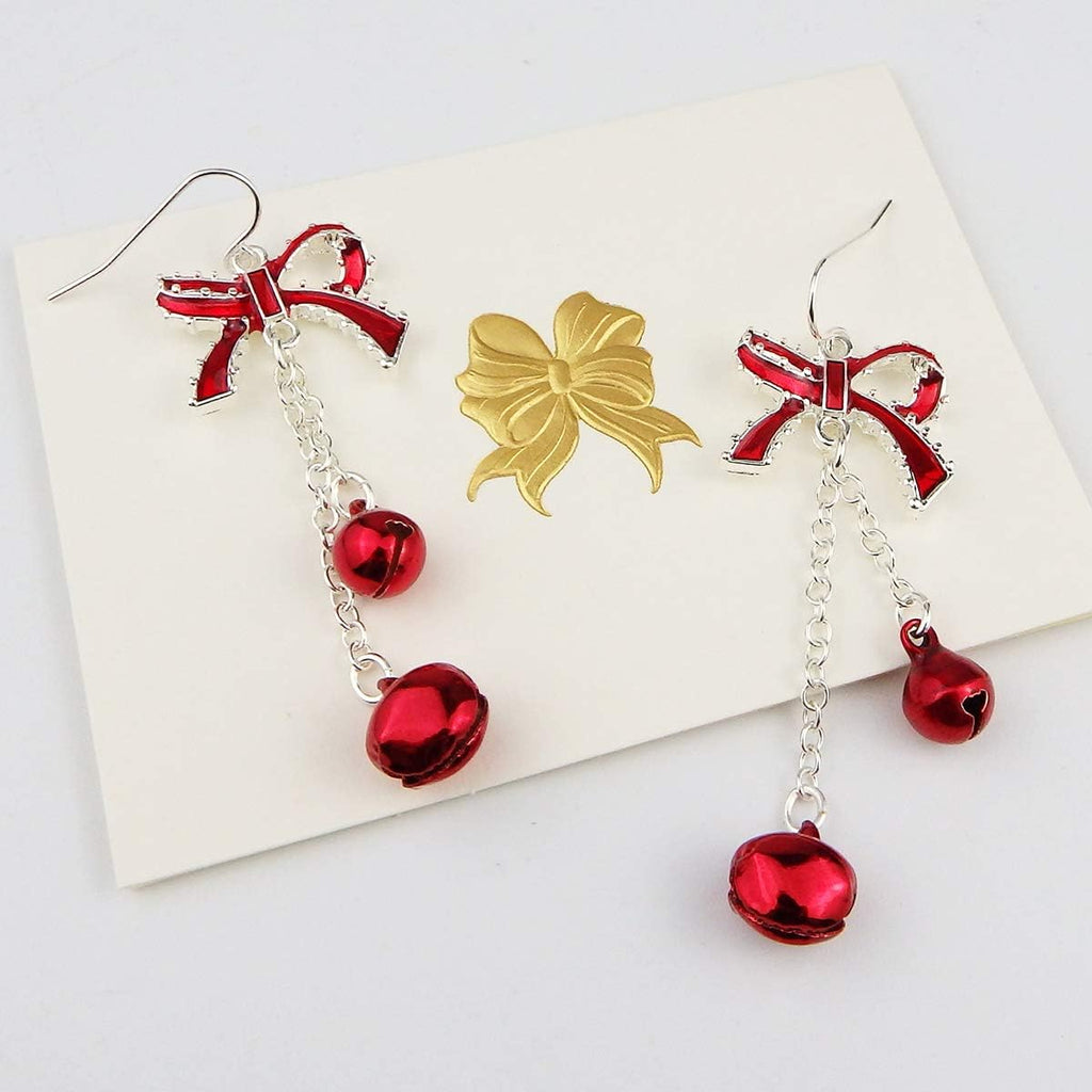 Lightweight Christmas Red Bow Knot Piercing Dangle Earrings Jingle Tassels Silver Plated Women Holiday Gift - 我的商店我的商店我的商店