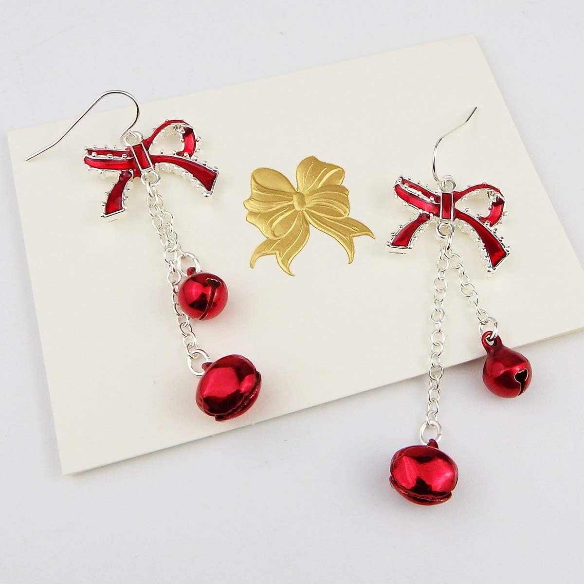 Lightweight Christmas Red Bow Knot Piercing Dangle Earrings Jingle Tassels Silver Plated Women Holiday Gift - 我的商店我的商店我的商店