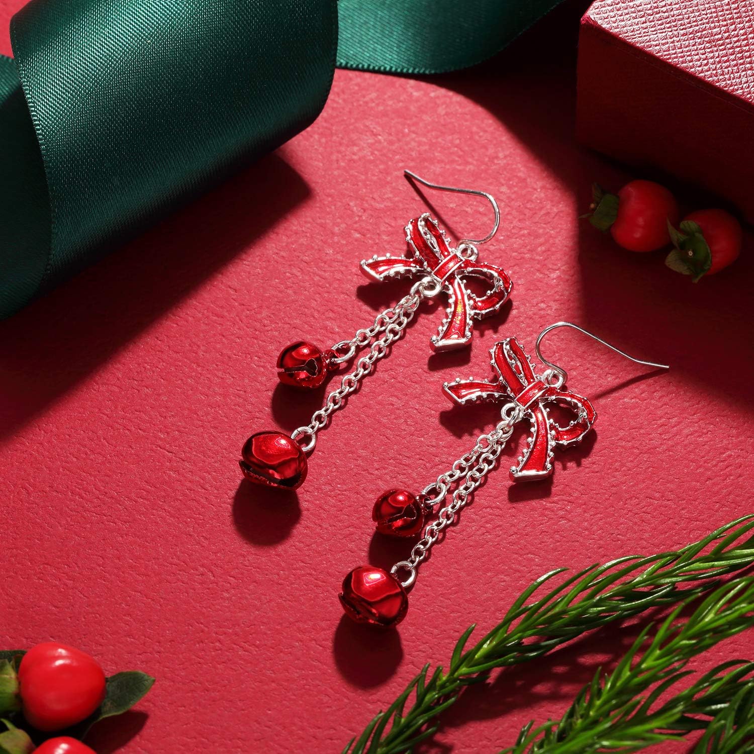 Lightweight Christmas Red Bow Knot Piercing Dangle Earrings Jingle Tassels Silver Plated Women Holiday Gift - 我的商店我的商店我的商店