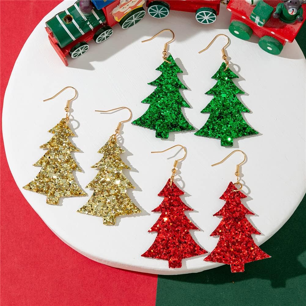 Lightweight Christmas Tree Faux Leather Sequins Dangle Earrings Glitter three - layer splicing sequin PU Earrings for Women Gift - QIAO Crystal我的商店QIAO Crystal