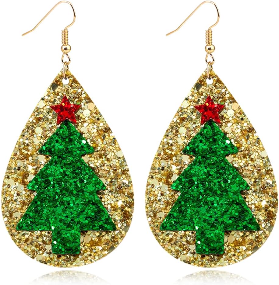 Lightweight Christmas Tree Faux Leather Sequins Dangle Earrings Glitter three - layer splicing sequin PU Earrings for Women Gift - QIAO Crystal我的商店QIAO Crystal