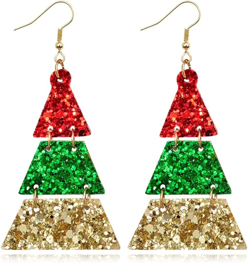 Lightweight Christmas Tree Faux Leather Sequins Dangle Earrings Glitter three - layer splicing sequin PU Earrings for Women Gift - QIAO Crystal我的商店QIAO Crystal