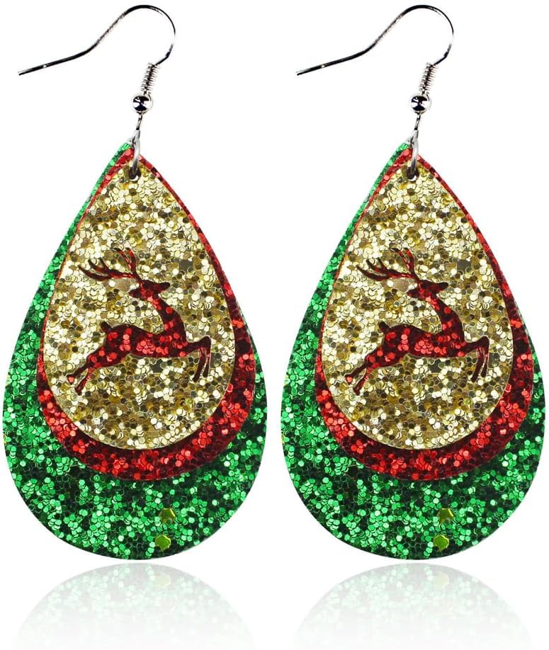 Lightweight Christmas Tree Faux Leather Sequins Dangle Earrings Glitter three - layer splicing sequin PU Earrings for Women Gift - QIAO Crystal我的商店QIAO Crystal