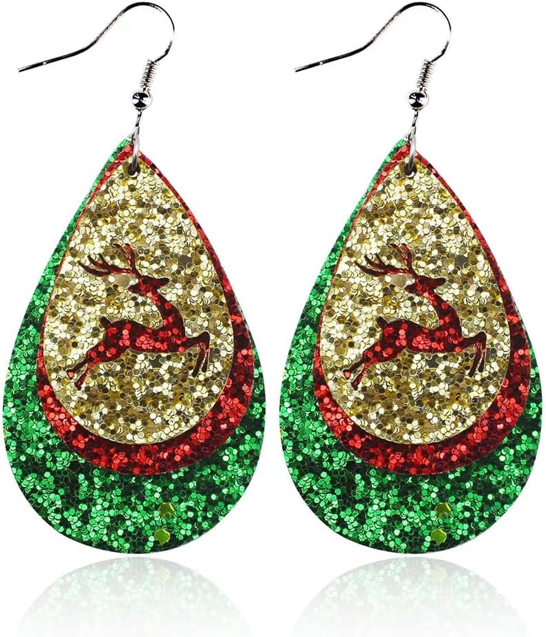Lightweight Christmas Tree Faux Leather Sequins Dangle Earrings Glitter three - layer splicing sequin PU Earrings for Women Gift - QIAO Crystal我的商店QIAO Crystal