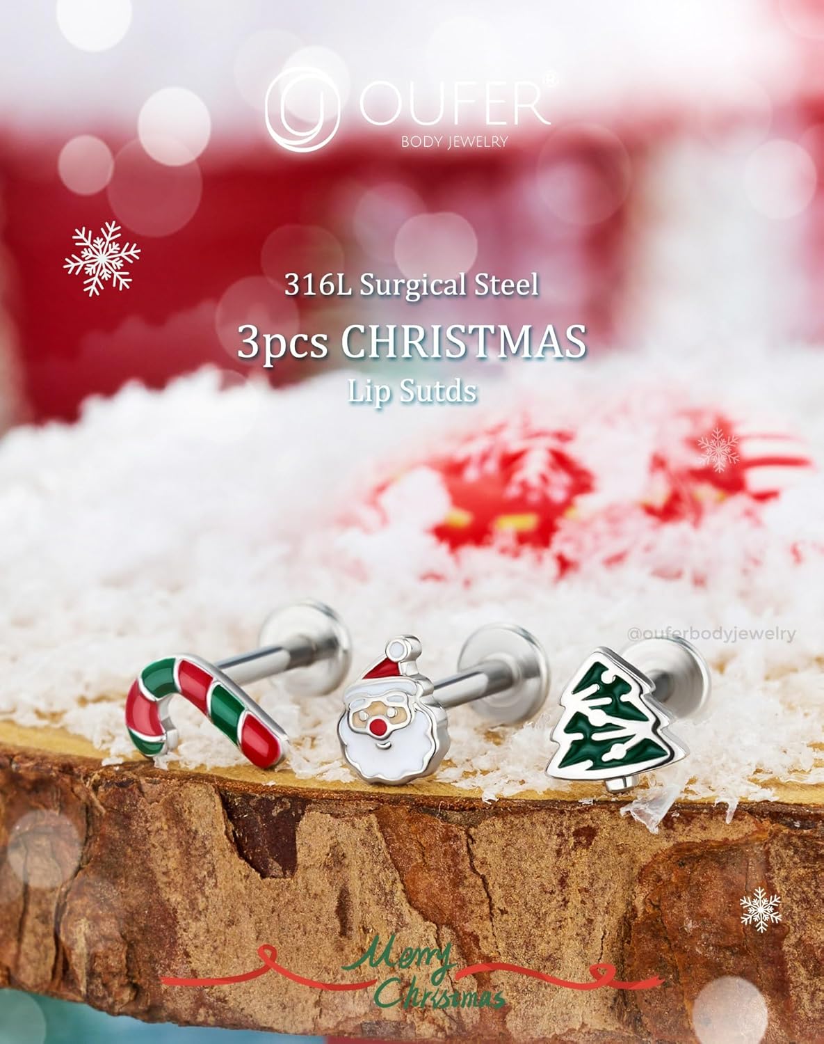 Lip Piercing Jewelry, 3PCS Christmas Elements 16G Lip Rings, 316L Surgical Steel Labret Lip Piercing Jewelry, Cartilage Helix Tragus Earrings For Women And Menv - QIAO CrystalQIAO CrystalQIAO Crystal