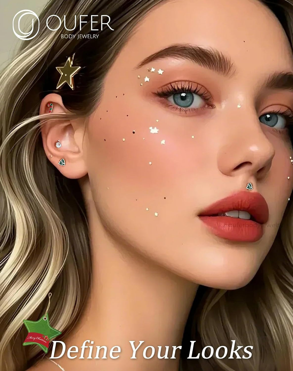 Lip Piercing Jewelry, 3PCS Christmas Elements 16G Lip Rings, 316L Surgical Steel Labret Lip Piercing Jewelry, Cartilage Helix Tragus Earrings For Women And Menv - QIAO CrystalQIAO CrystalQIAO Crystal