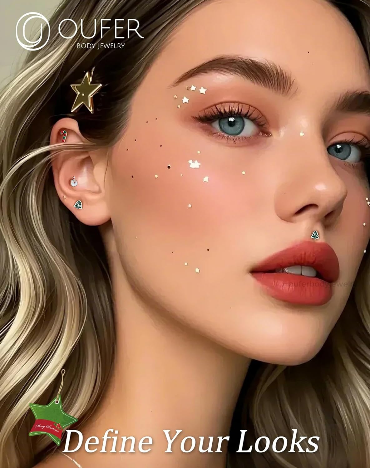 Lip Piercing Jewelry, 3PCS Christmas Elements 16G Lip Rings, 316L Surgical Steel Labret Lip Piercing Jewelry, Cartilage Helix Tragus Earrings For Women And Menv - QIAO CrystalQIAO CrystalQIAO Crystal