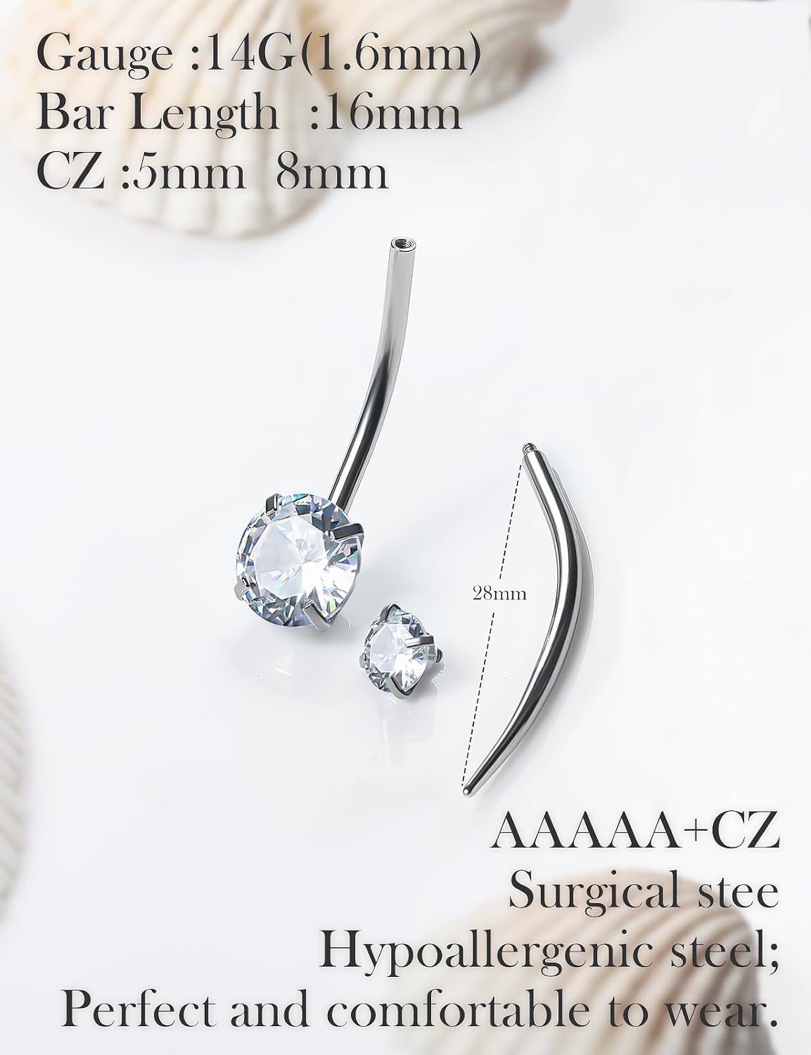 Long and Extra Long Bar Belly Button Ring Internal Thread Hypoallergenic Surgical Stainless Steel 14mm 16mm 14 Gauge Navel Rings Cubic Zirconia Buuton Body Piercing Jewelry for Women Men - 我的商店我的商店我的商店