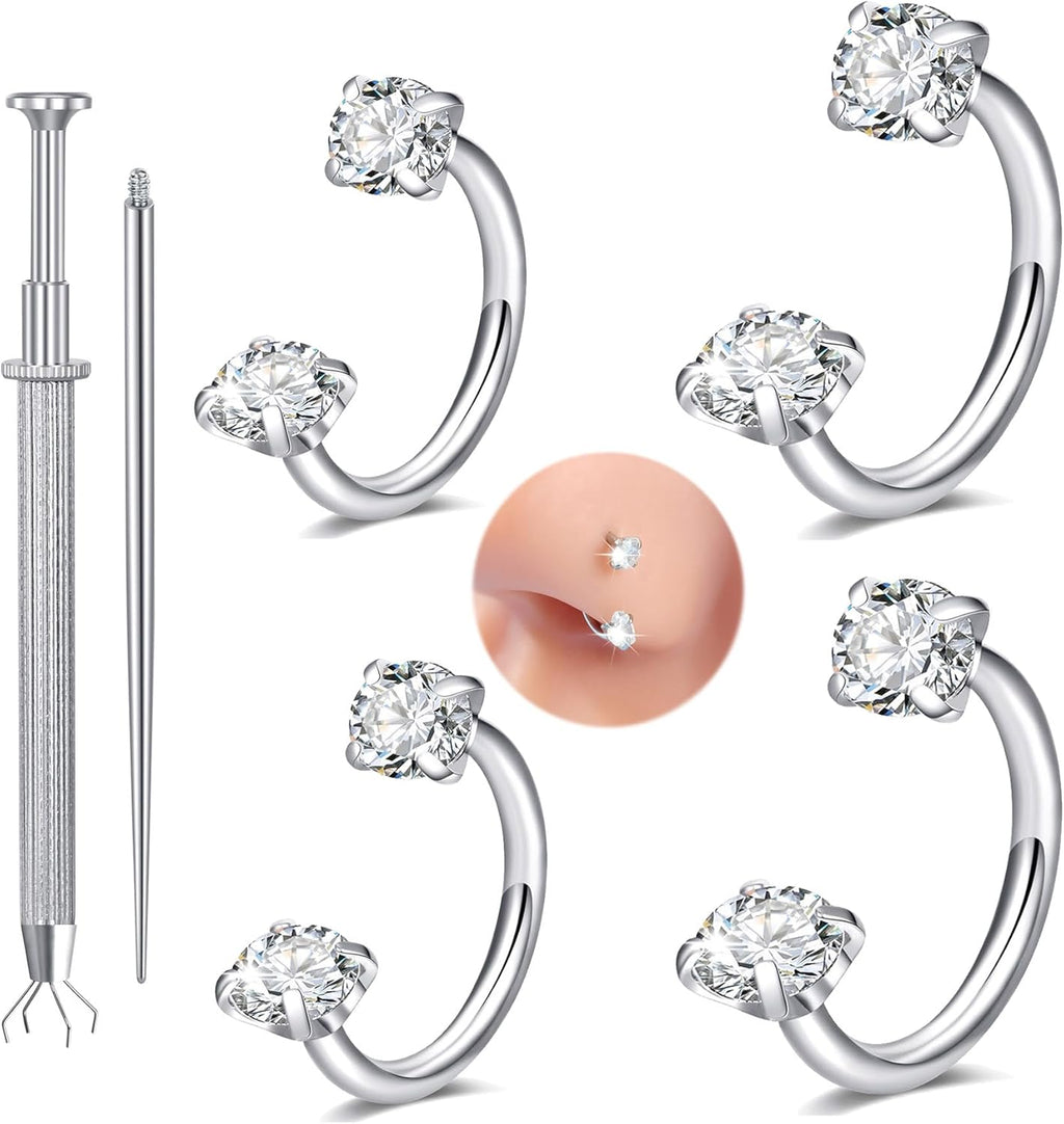 Longita 6mm 8mm 18g Horseshoe Nose Ring for Women Double Gem Horse Shoe Nose Ring Hoop Surgical Steel Silver Cartilage Helix Tragus Earring Hoops Labret Lip Piercing Jewelry Small Septum Rings 18g - QIAO CrystalQIAO CrystalQIAO Crystal