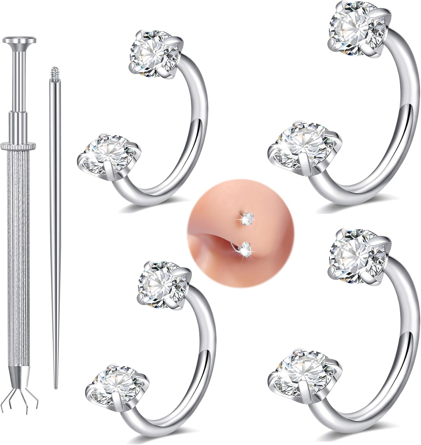 Longita 6mm 8mm 18g Horseshoe Nose Ring for Women Double Gem Horse Shoe Nose Ring Hoop Surgical Steel Silver Cartilage Helix Tragus Earring Hoops Labret Lip Piercing Jewelry Small Septum Rings 18g - QIAO CrystalQIAO CrystalQIAO Crystal