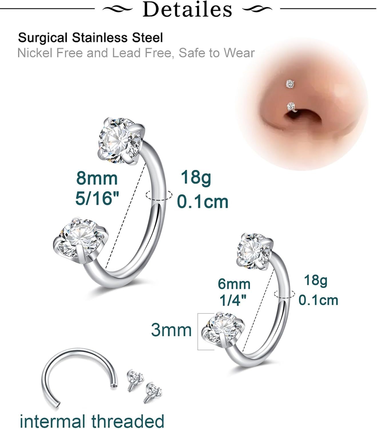 Longita 6mm 8mm 18g Horseshoe Nose Ring for Women Double Gem Horse Shoe Nose Ring Hoop Surgical Steel Silver Cartilage Helix Tragus Earring Hoops Labret Lip Piercing Jewelry Small Septum Rings 18g - QIAO CrystalQIAO CrystalQIAO Crystal