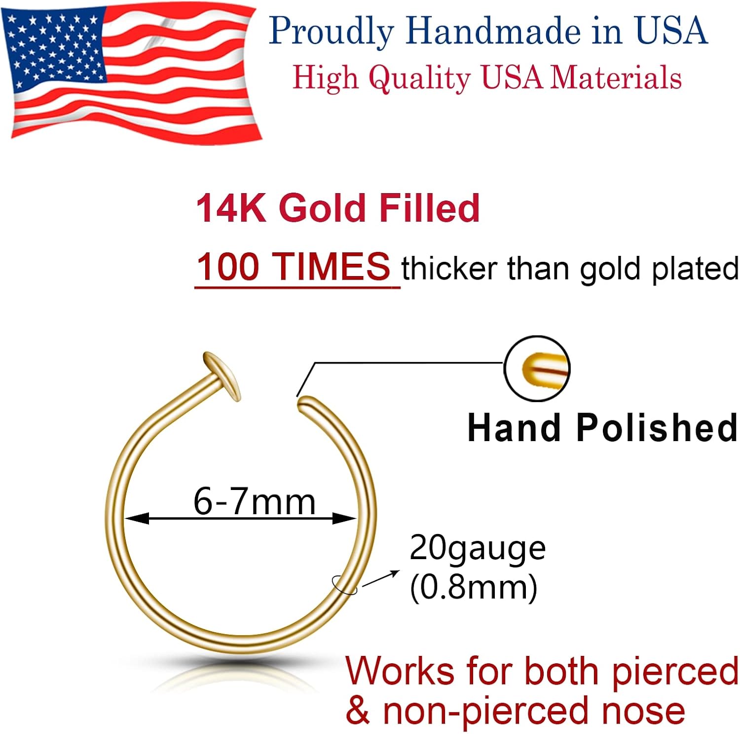 LUCKYJEWUS Small Thin Gold Nose Ring Hoop for Women, 14k Gold Filled or 925 Sterling Silver - 20G/22G/24G Adjustable Nose Piercing Jewelry (5mm–6mm, 6–7mm, 7–8mm) - QIAO CrystalQIAO CrystalQIAO Crystal