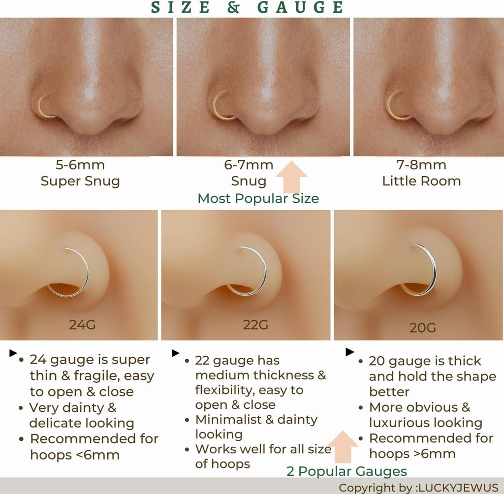 LUCKYJEWUS Small Thin Gold Nose Ring Hoop for Women, 14k Gold Filled or 925 Sterling Silver - 20G/22G/24G Adjustable Nose Piercing Jewelry (5mm–6mm, 6–7mm, 7–8mm) - QIAO CrystalQIAO CrystalQIAO Crystal