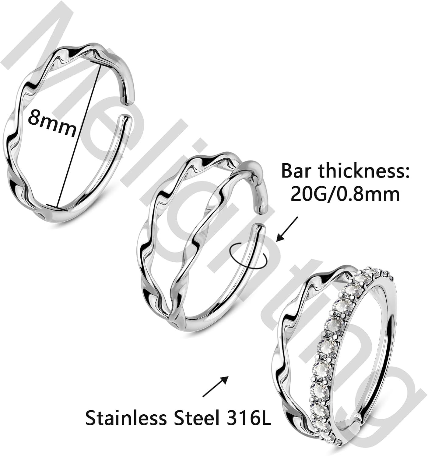 Melighting 20G 3PCS Twist Nose Rings Hoop, Stainless Steel 316L Double Nose Studs Set, 8 mm Seamless Open Earrings, Silver Helix Cartilage Conch Lobe Daith Piercing Jewelry for Women - QIAO CrystalQIAO CrystalQIAO Crystal