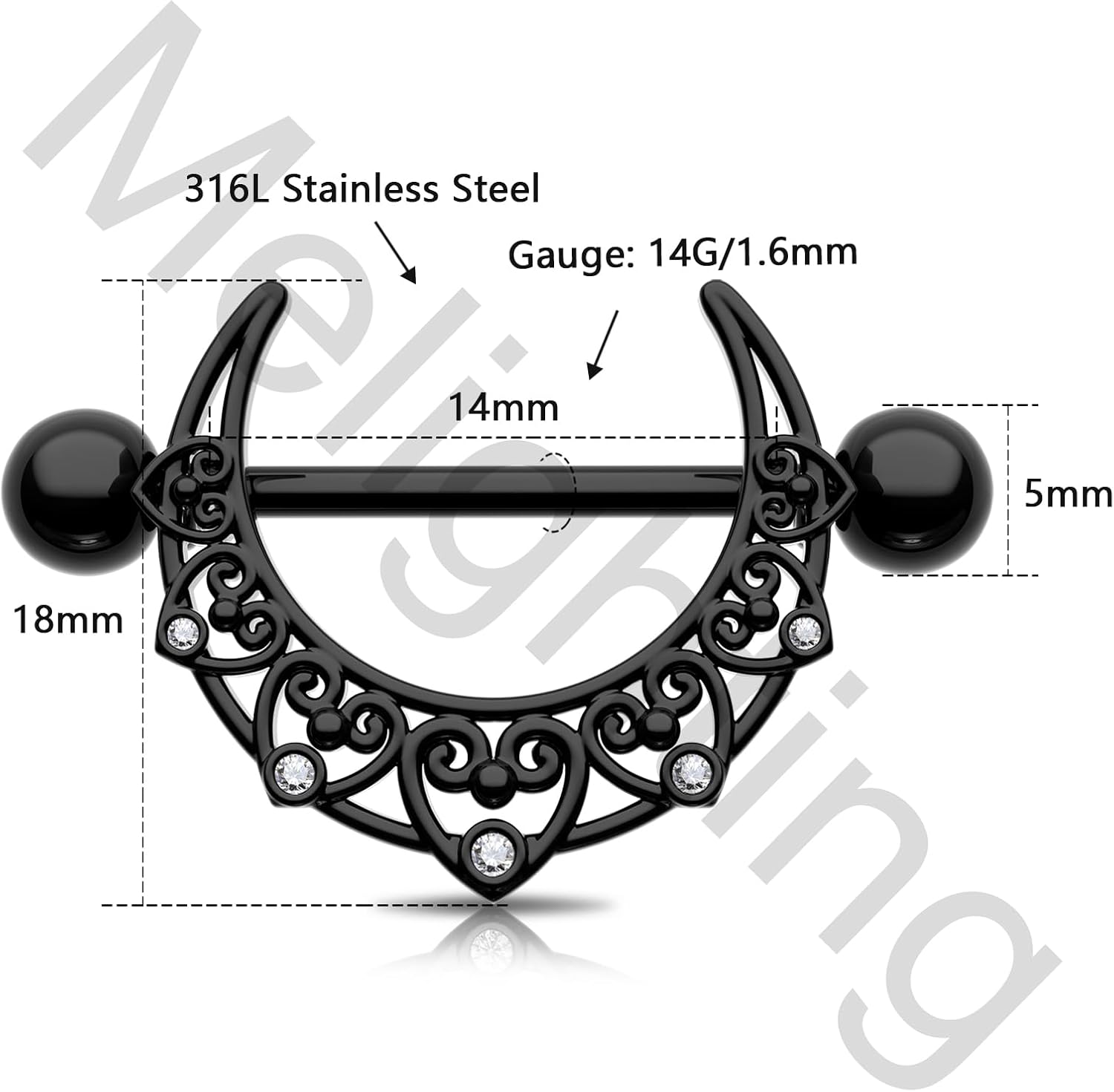 Melighting Black Moon Nipple Piercing Jewelry - 14G Stainless Steel 316L Heart Nipple Barbell - QIAO CrystalQIAO CrystalQIAO Crystal