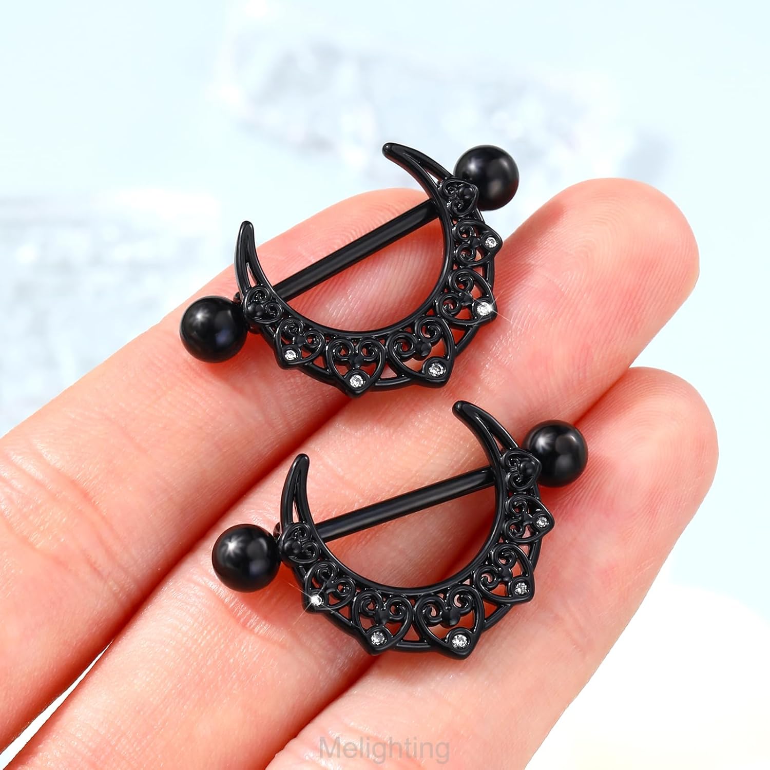 Melighting Black Moon Nipple Piercing Jewelry - 14G Stainless Steel 316L Heart Nipple Barbell - QIAO CrystalQIAO CrystalQIAO Crystal