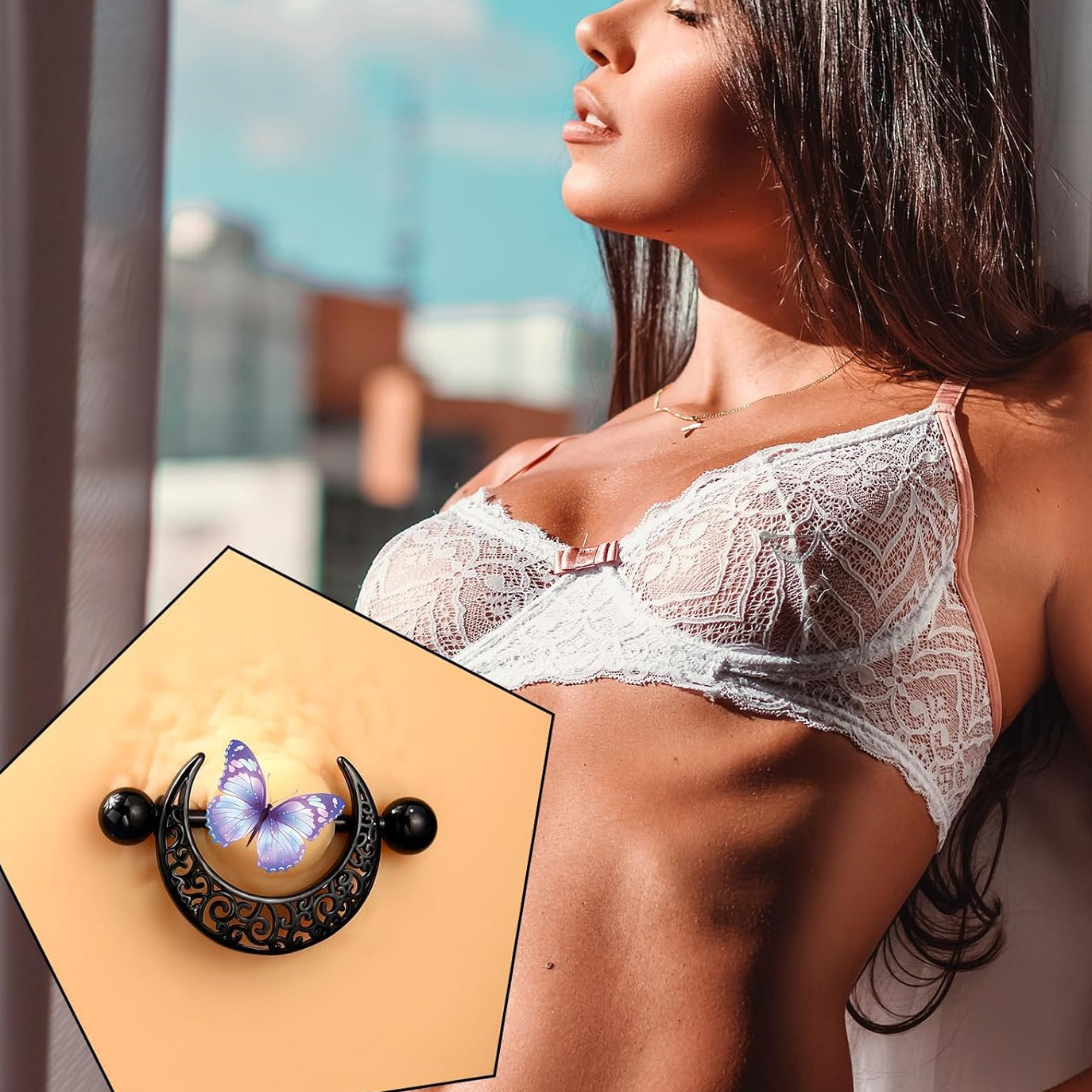 Melighting Black Nipple Rings 14G Pattern Piercing Jewelry for Women - Stainless Steel 316L Moon Barbell - QIAO CrystalQIAO CrystalQIAO Crystal