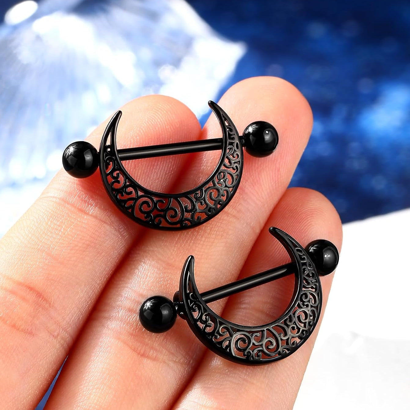 Melighting Black Nipple Rings 14G Pattern Piercing Jewelry for Women - Stainless Steel 316L Moon Barbell - QIAO CrystalQIAO CrystalQIAO Crystal