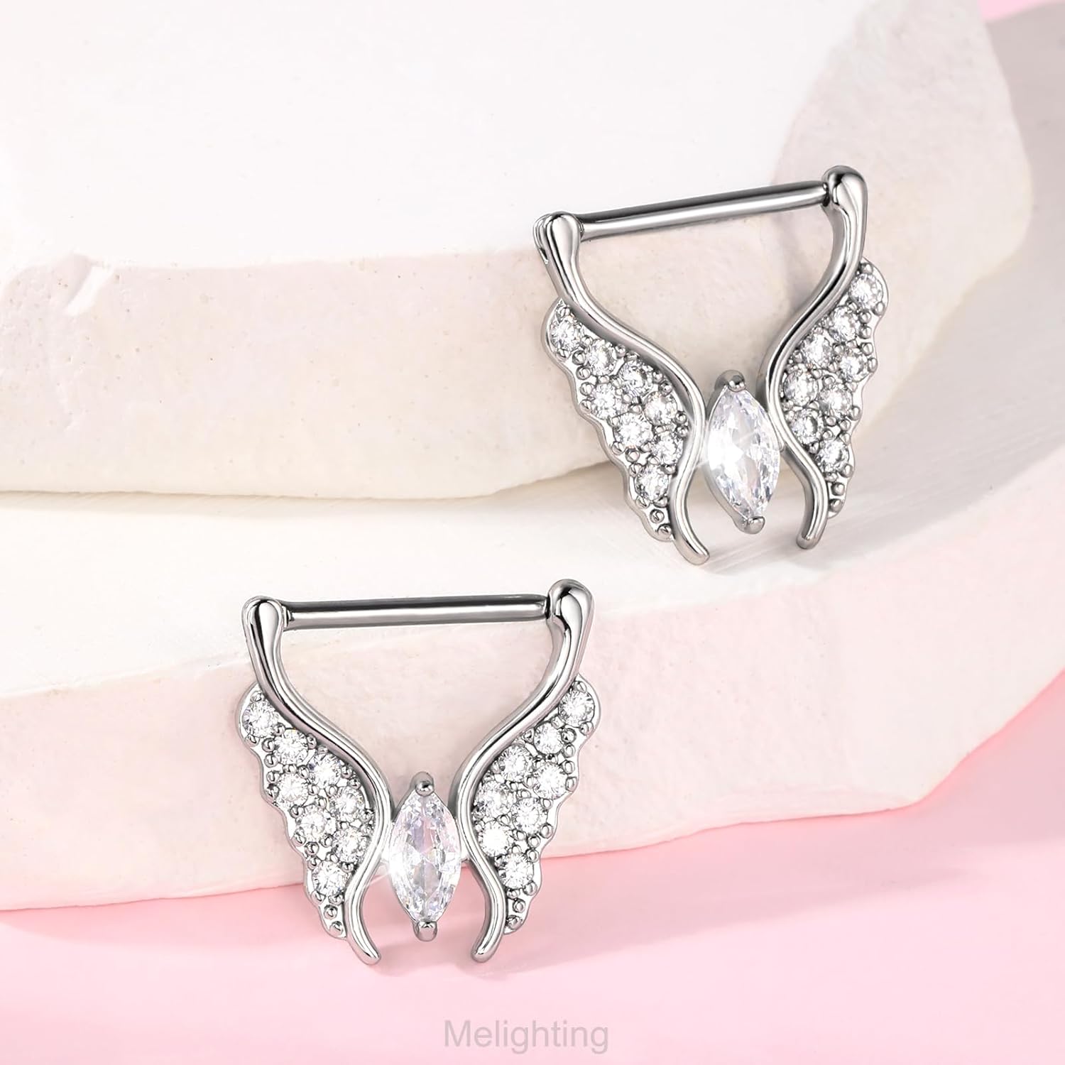 Melighting Butterfly Nipple Rings 14G Nipple Piercing 316L Stainless Steel Nipple Clicker Nipple Jewelry Clear CZ Nipple Piercing Jewelry For Women 14 mm - QIAO CrystalQIAO CrystalQIAO Crystal
