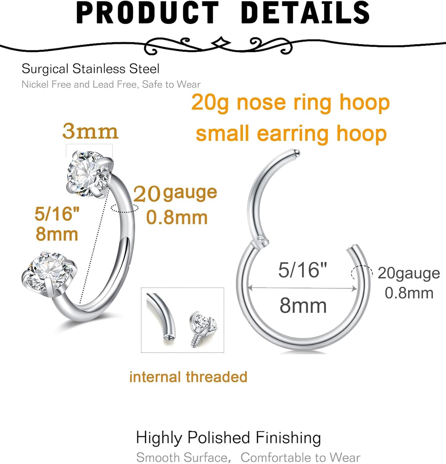 MODRSA 18g 20g 22g Nose Rings Hoops Silver Gold Hoop Nose Ring Surgical Steel Hypoallergenic Cartilage Hoop Earring Thin Helix Earring Hoops Tiny Small Lip Rings Piercing Jewelry 6mm 8mm 10mm - QIAO CrystalQIAO CrystalQIAO Crystal