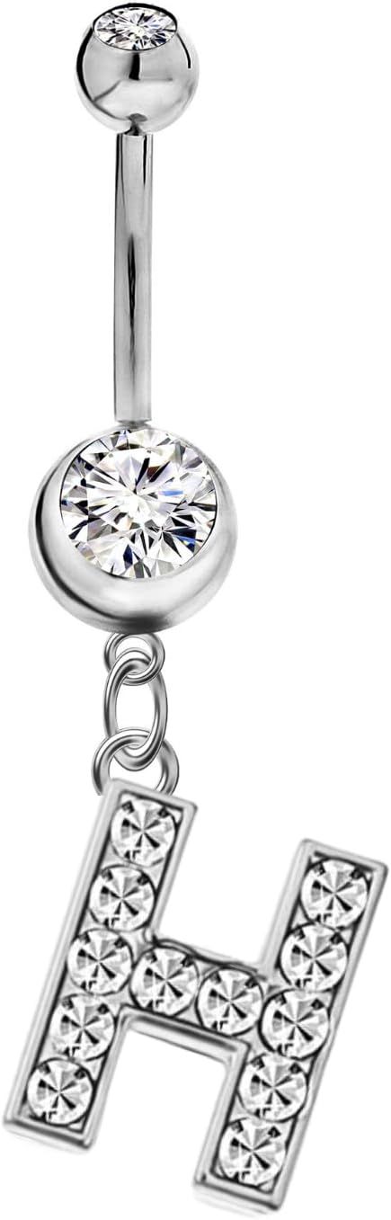 Mothers Day Gifts Initial Dangle Belly Button Rings | Embellished with CZ Crystals in Silver Letters A to Z | Ideal for Navel Piercings Belly Piercings - 我的商店我的商店我的商店