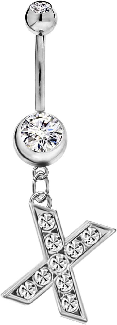 Mothers Day Gifts Initial Dangle Belly Button Rings | Embellished with CZ Crystals in Silver Letters A to Z | Ideal for Navel Piercings Belly Piercings - 我的商店我的商店我的商店