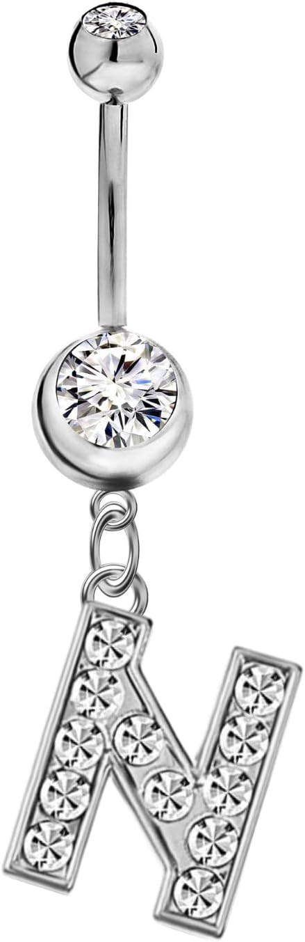 Mothers Day Gifts Initial Dangle Belly Button Rings | Embellished with CZ Crystals in Silver Letters A to Z | Ideal for Navel Piercings Belly Piercings - 我的商店我的商店我的商店