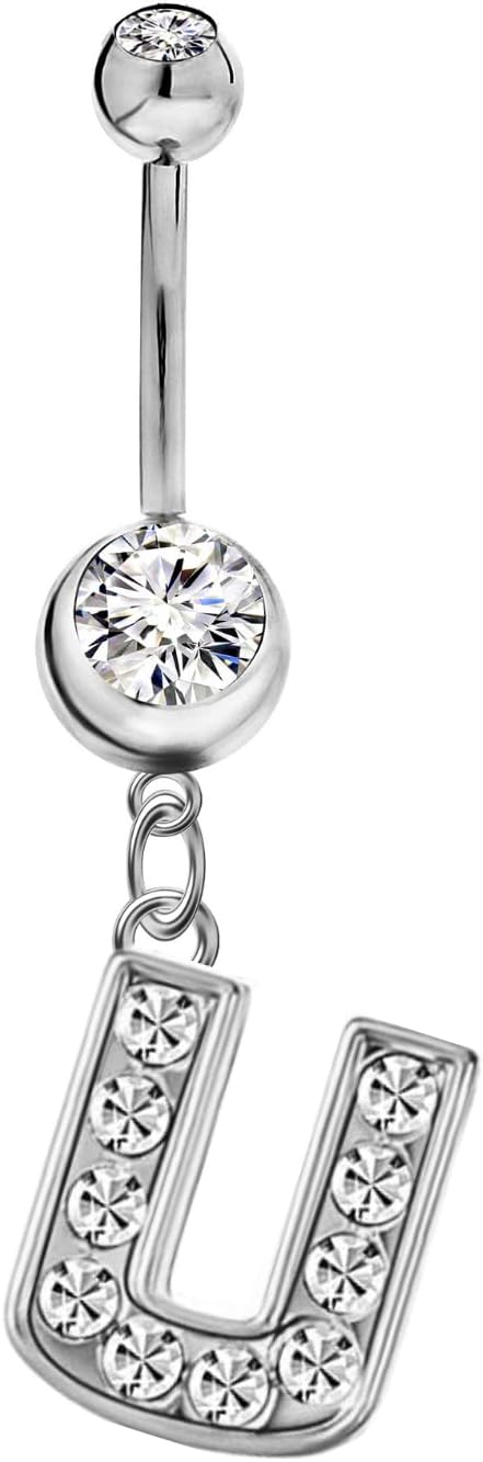 Mothers Day Gifts Initial Dangle Belly Button Rings | Embellished with CZ Crystals in Silver Letters A to Z | Ideal for Navel Piercings Belly Piercings - 我的商店我的商店我的商店