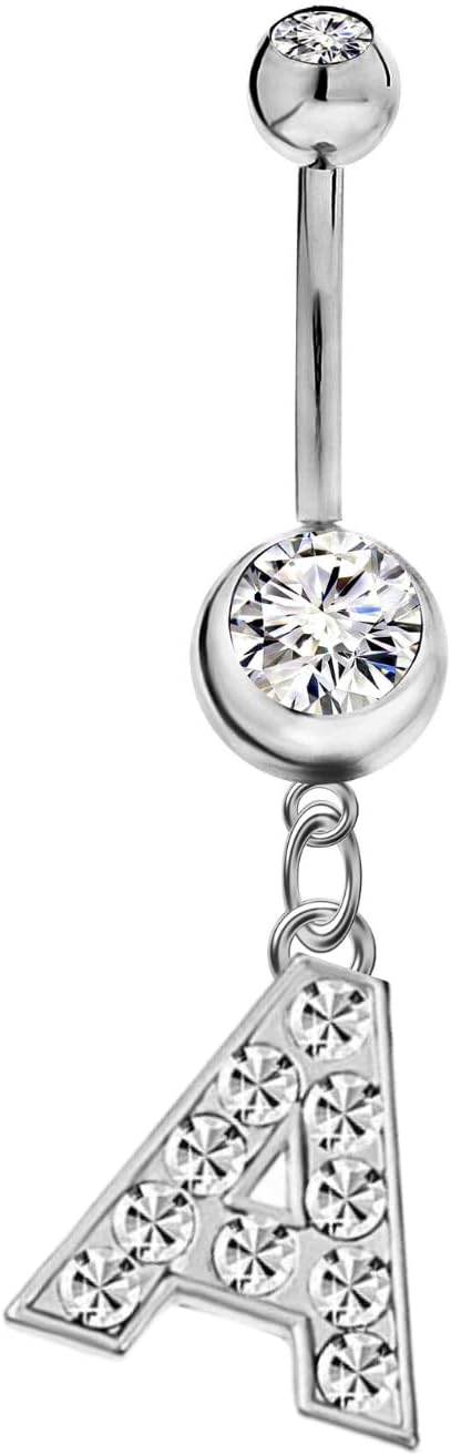 Mothers Day Gifts Initial Dangle Belly Button Rings | Embellished with CZ Crystals in Silver Letters A to Z | Ideal for Navel Piercings Belly Piercings - 我的商店我的商店我的商店