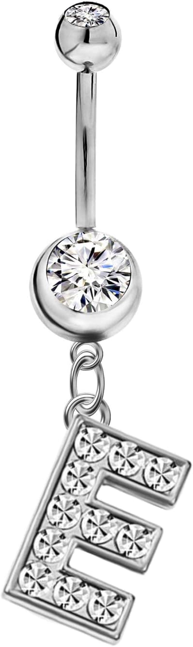 Mothers Day Gifts Initial Dangle Belly Button Rings | Embellished with CZ Crystals in Silver Letters A to Z | Ideal for Navel Piercings Belly Piercings - 我的商店我的商店我的商店